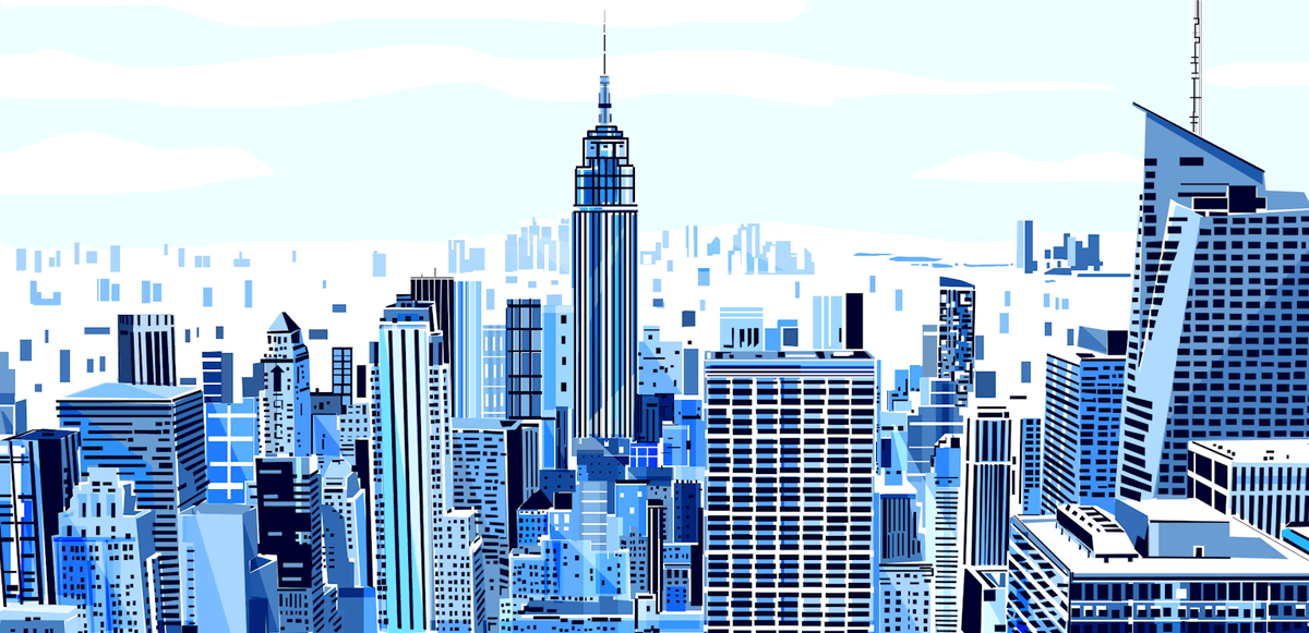 A blue city skyline
